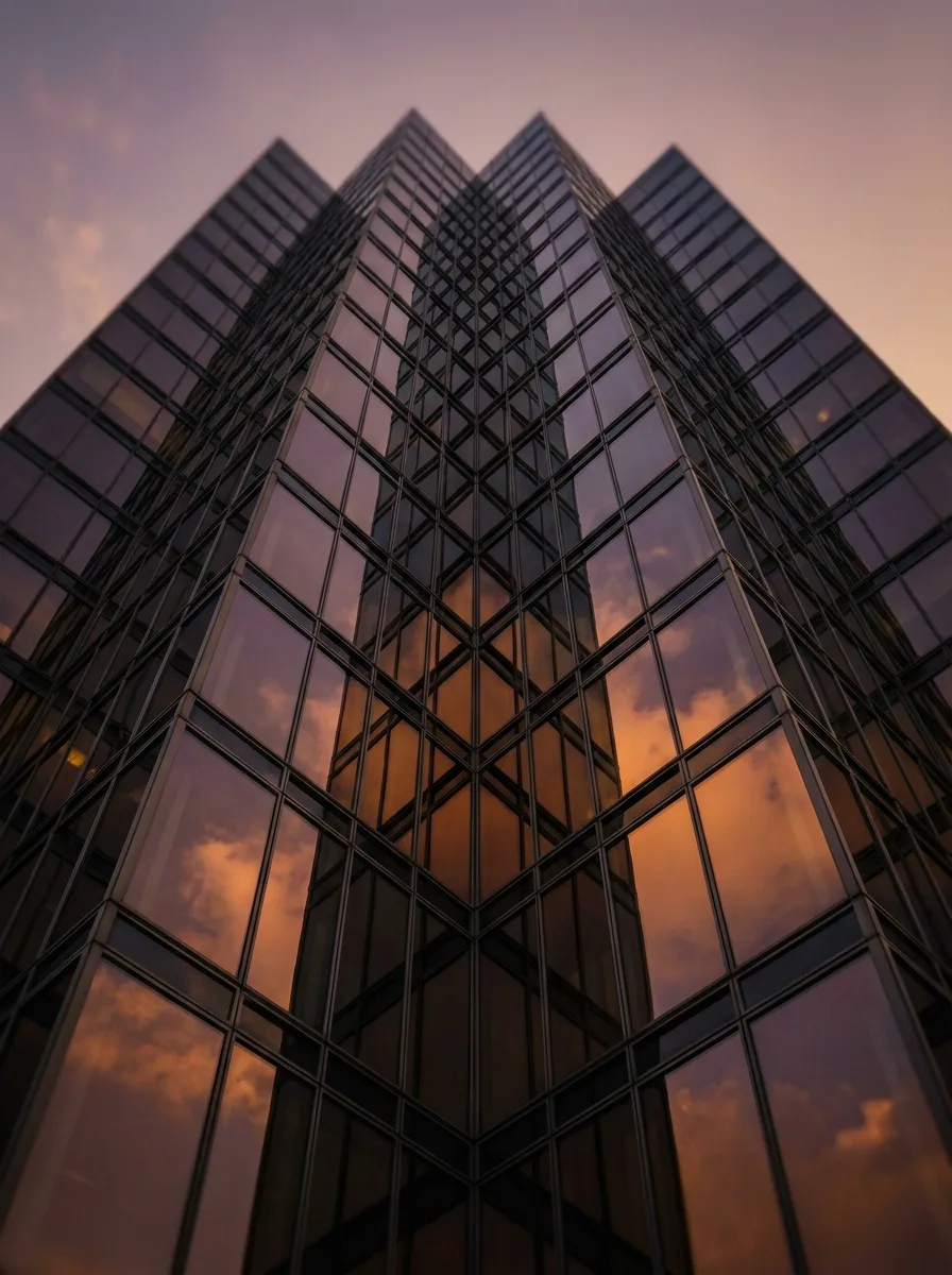 Extreme upward abstract view of a modern glass facade at dusk reflecting warm sky