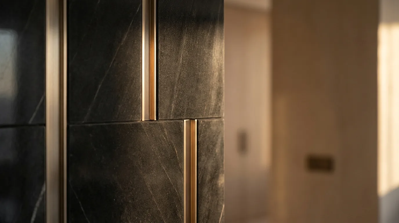 Macro architectural detail of dark marble and champagne-gold metal inlay