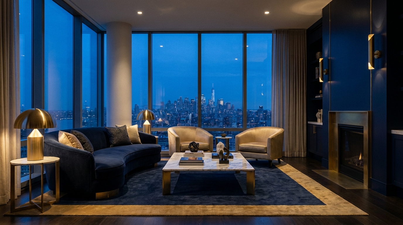 Representative living room with skyline view