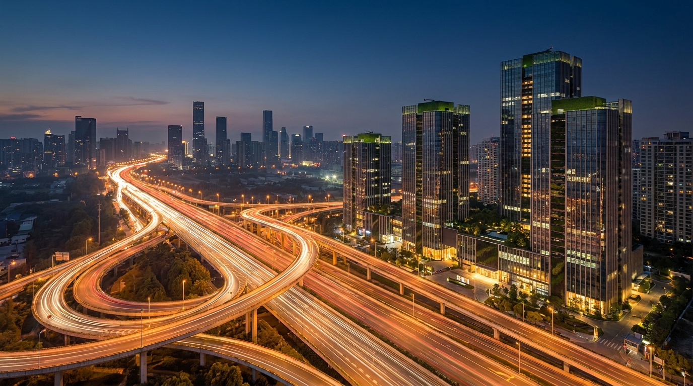 Representative dusk view of expressway connectivity and a modern city district