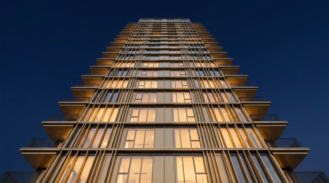 Representative view of a modern luxury residential tower at twilight
